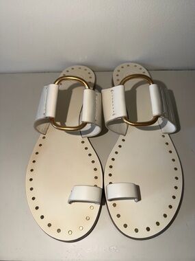 Tory Burch White Leather Sandals with Gold Ring Accent